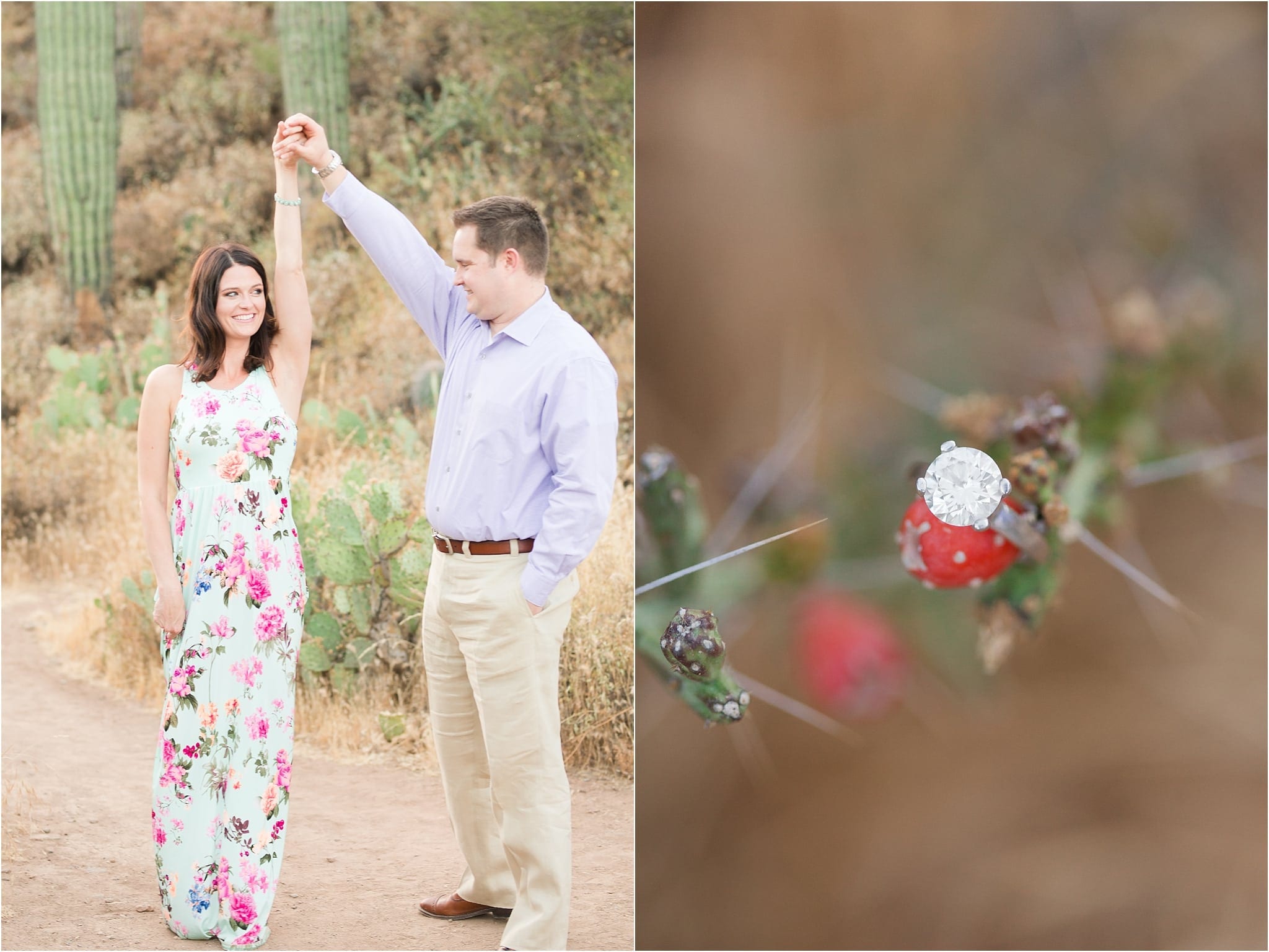 dancing in A Romantic Desert Engagement, ring on cactus bloom