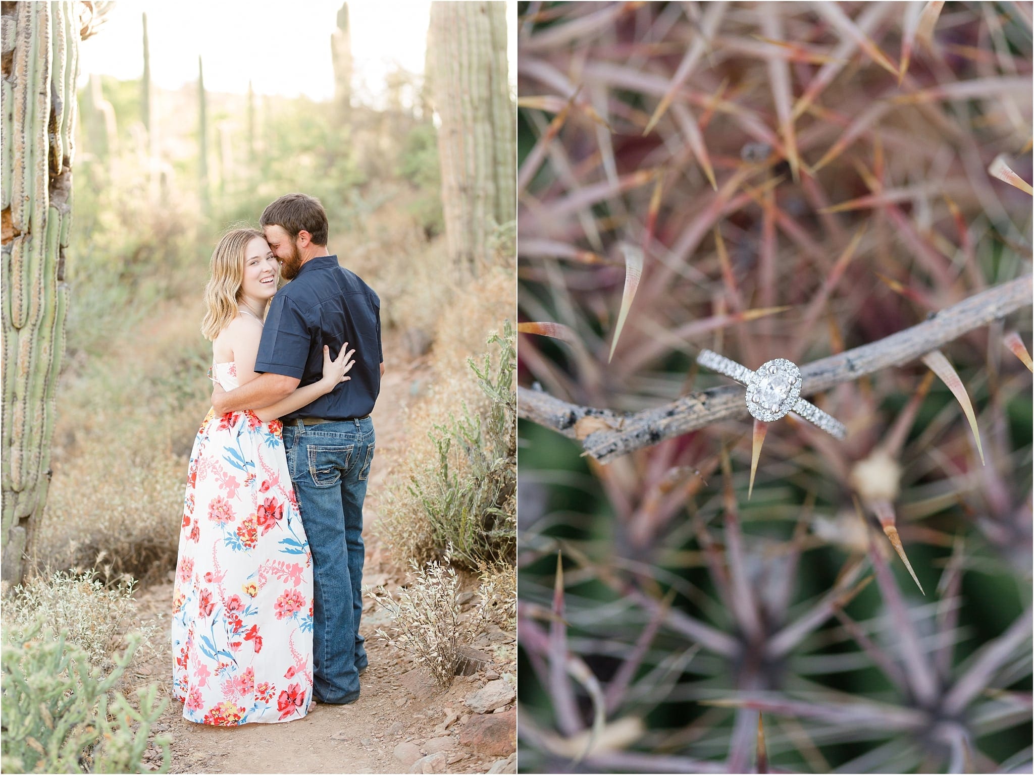 couple smiling in cave creek engagement photos