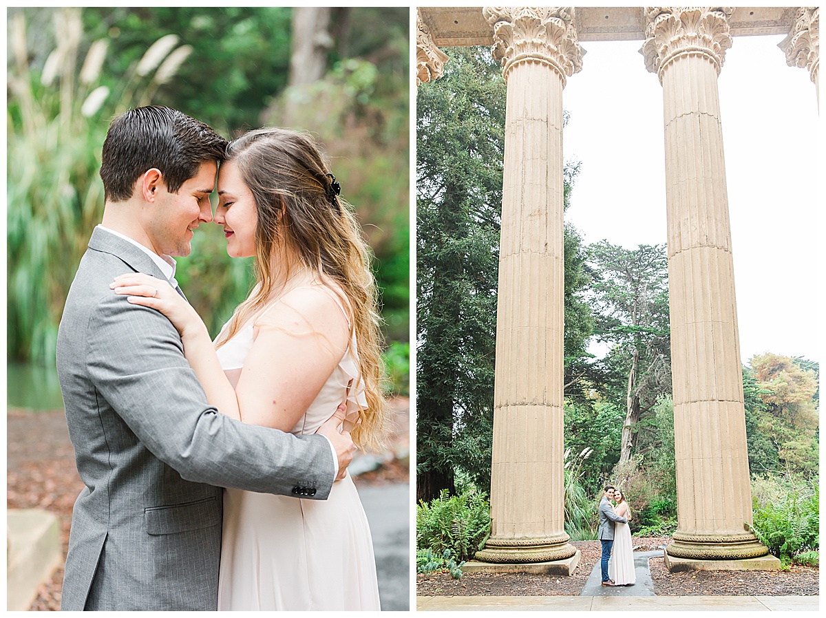 Couple embracing by pillars