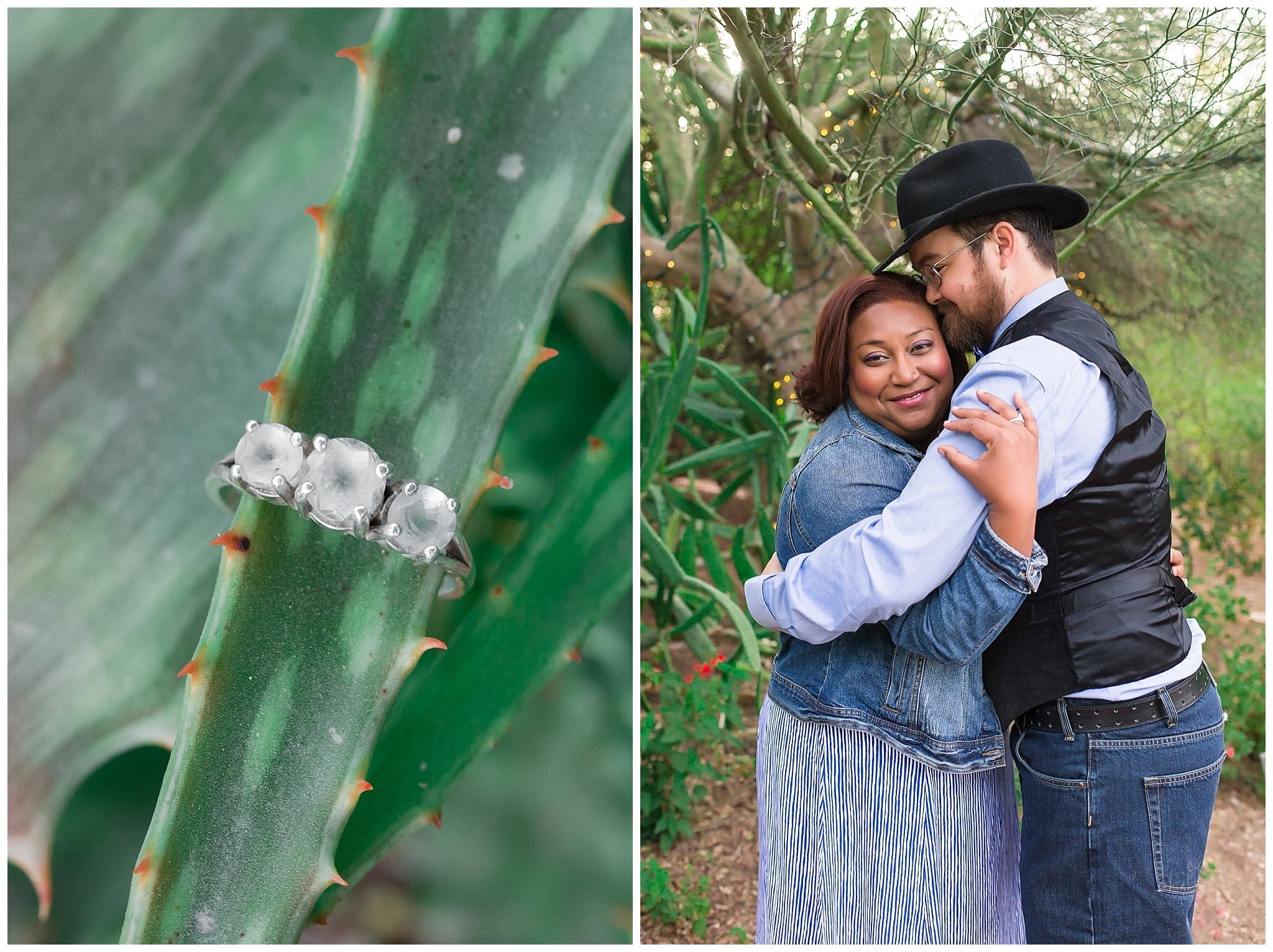 ring on cactus, groom holding bride