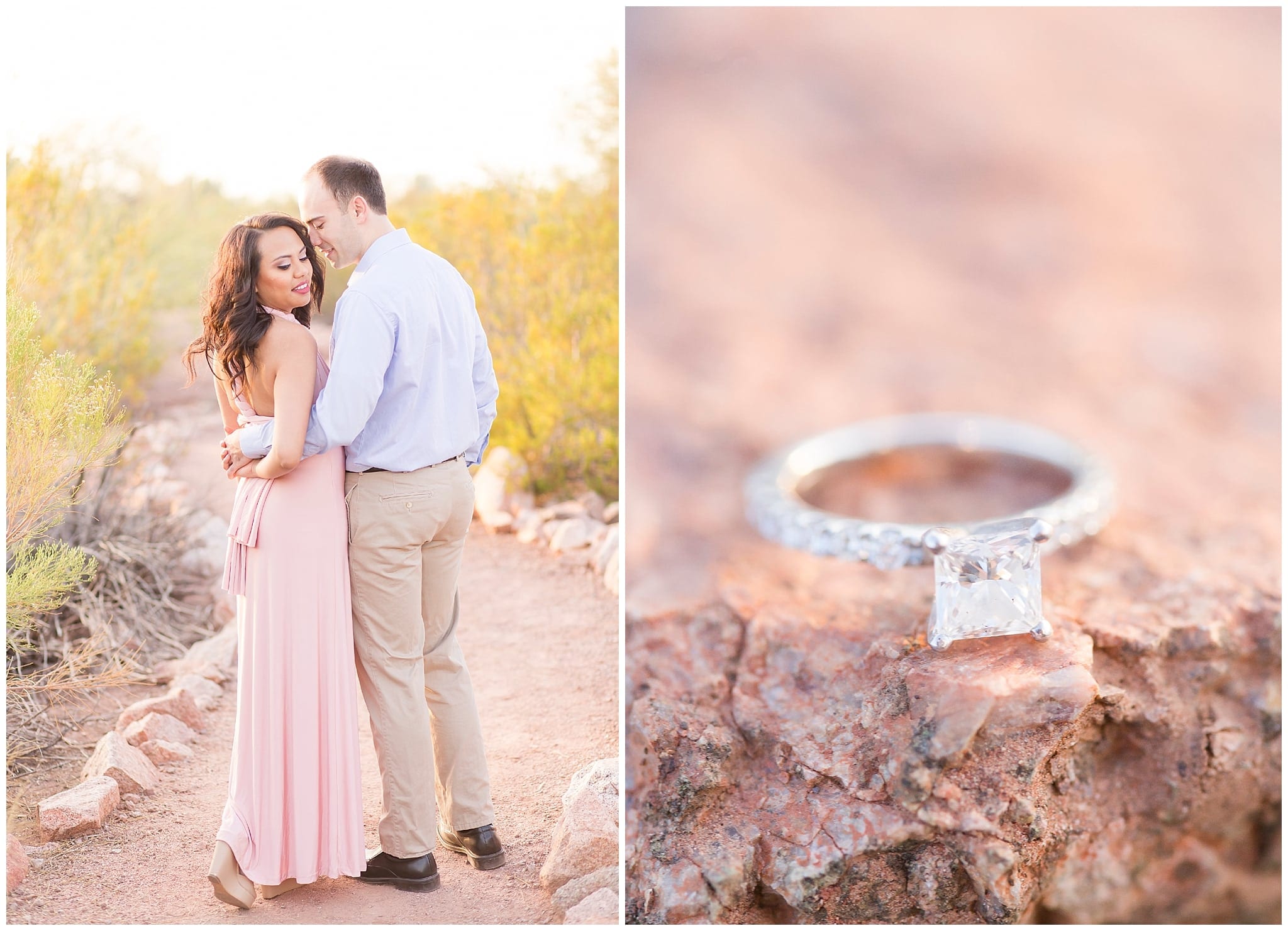 Couple walking, blush dress, blue collared shirt, engagement ring