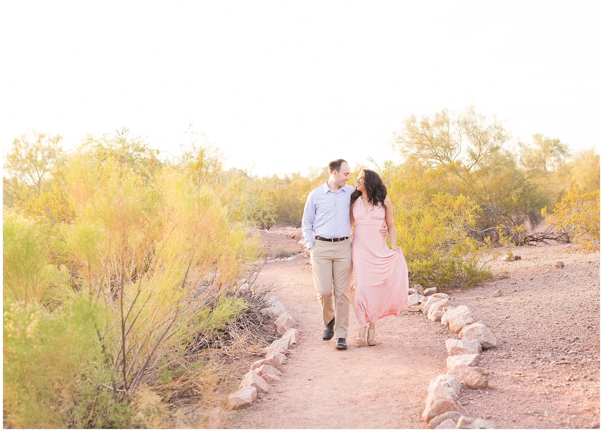 Papago Park Engagement Session, couple in pink dress, blue collard dress shirt