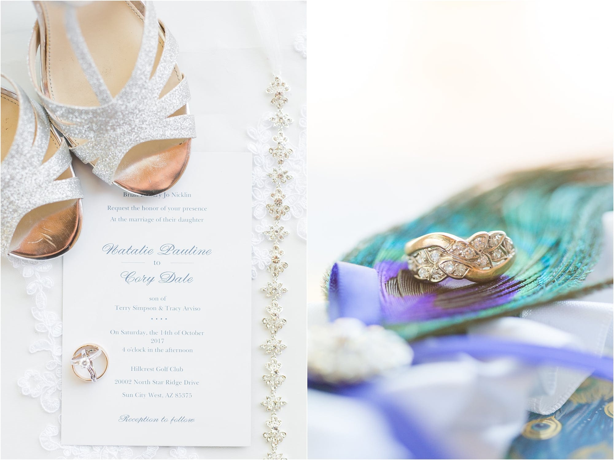 Details, Invitation, rings, peacock feathers
