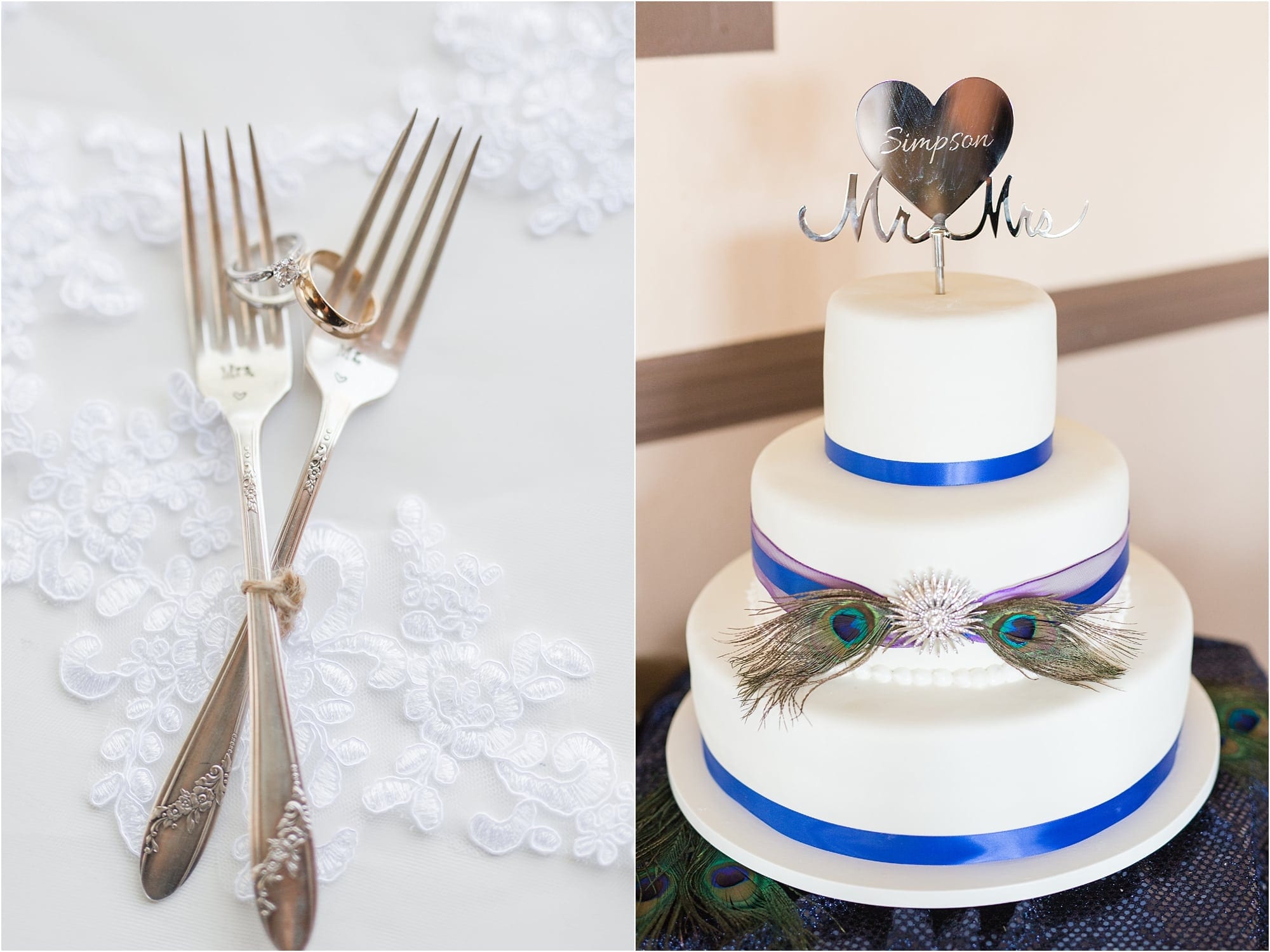 Cake, personalized forks, wedding rings
