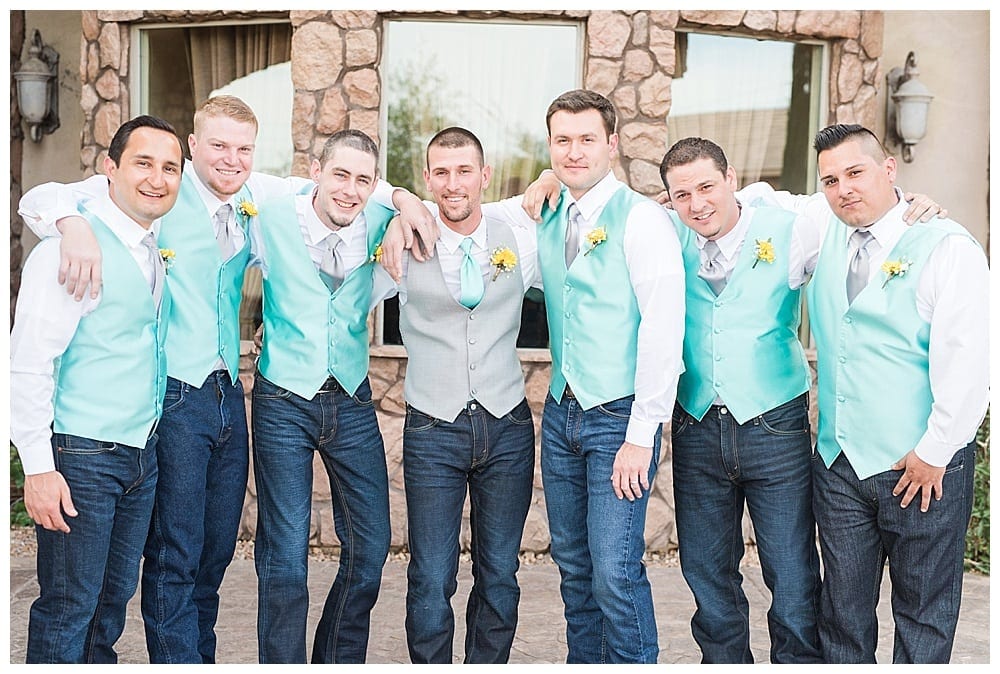 superstition manor wedding, teal and yellow wedding party pictures