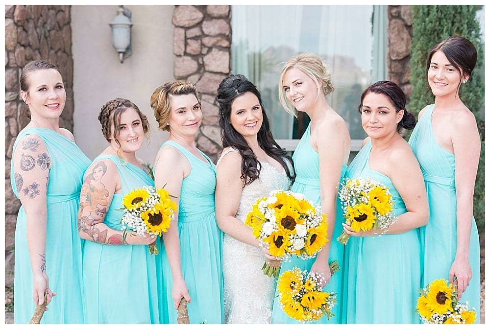 superstition manor wedding, teal and yellow bridesmaid pictures