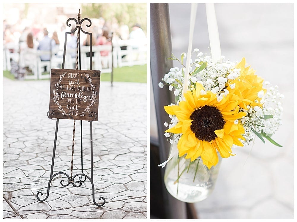 superstition manor wedding, wedding sign, sunflowers