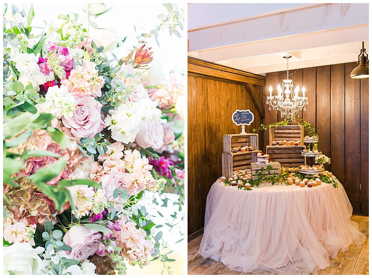 florals at ceremony, pink fabric drapped on dessert table, topped with cake and cupcakes