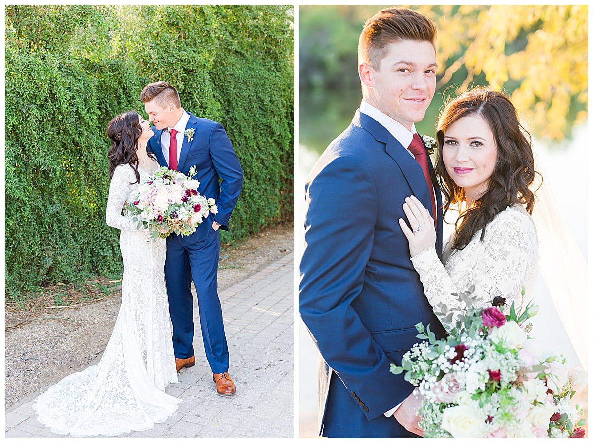 husband and wife portraits, blue suit, burgandy florals