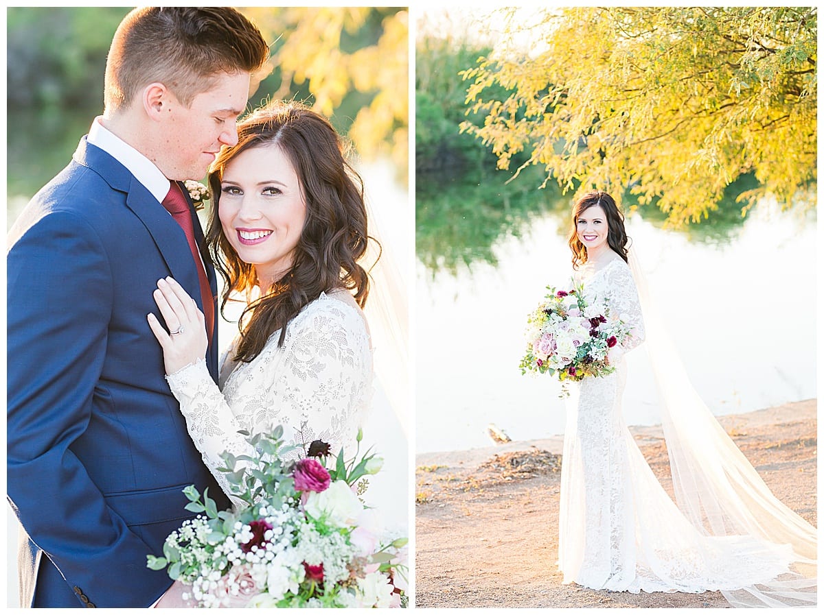 couple smiling by lake, bride standing with florals and long viel