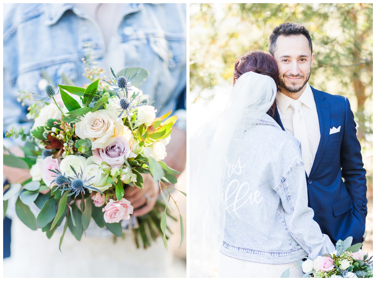 Bouquet, Bride hugging groom in blue jean jacket with new last name.