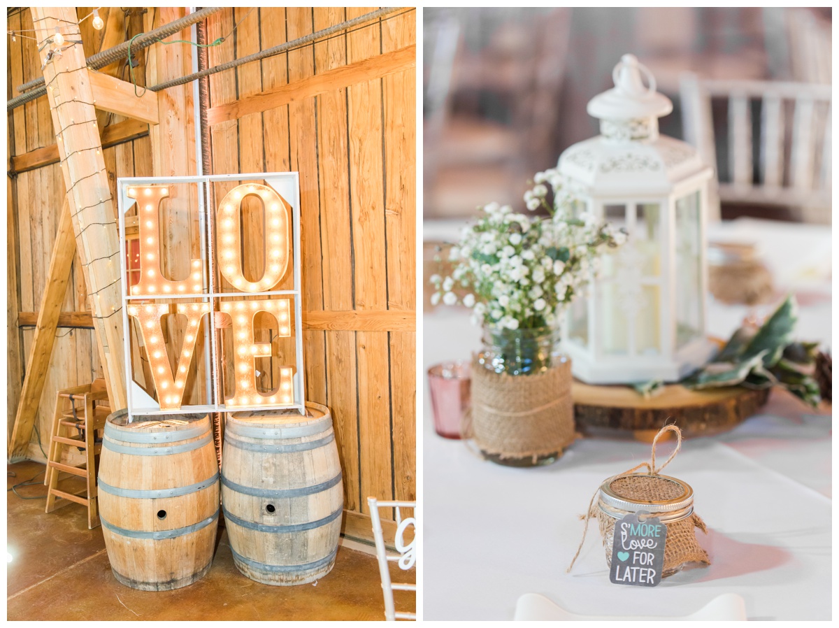 LOVE marquee letters, lantern and babies breath on table