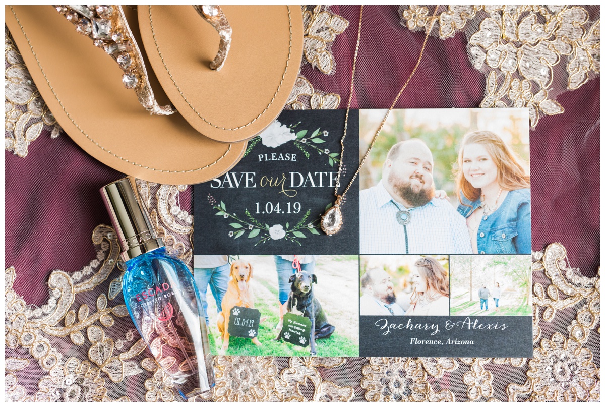 bridal flip flops, perfume, save the date and wedding necklace