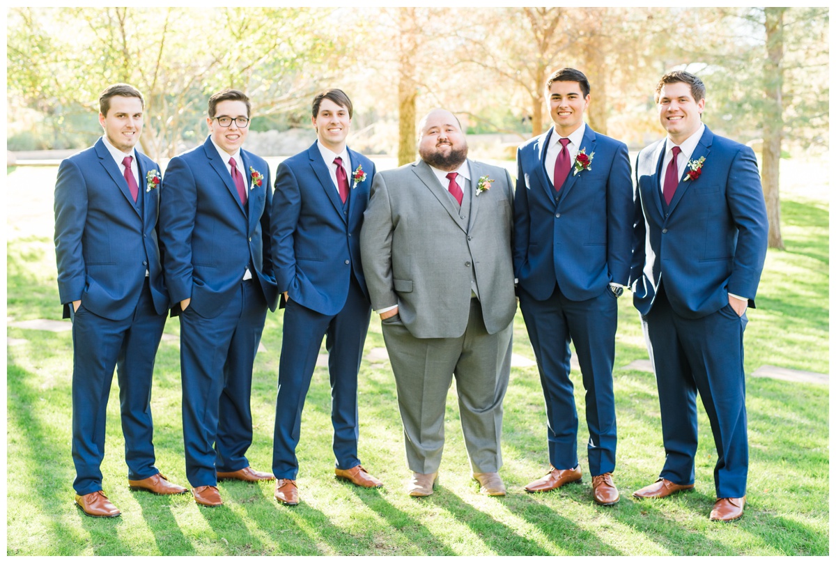 groomsmen suits, navy and grey with maroon
