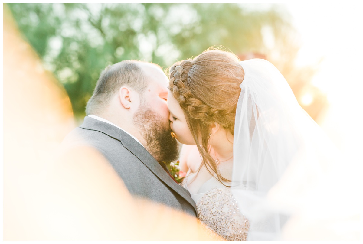 Bride and groom share kiss with veil in front