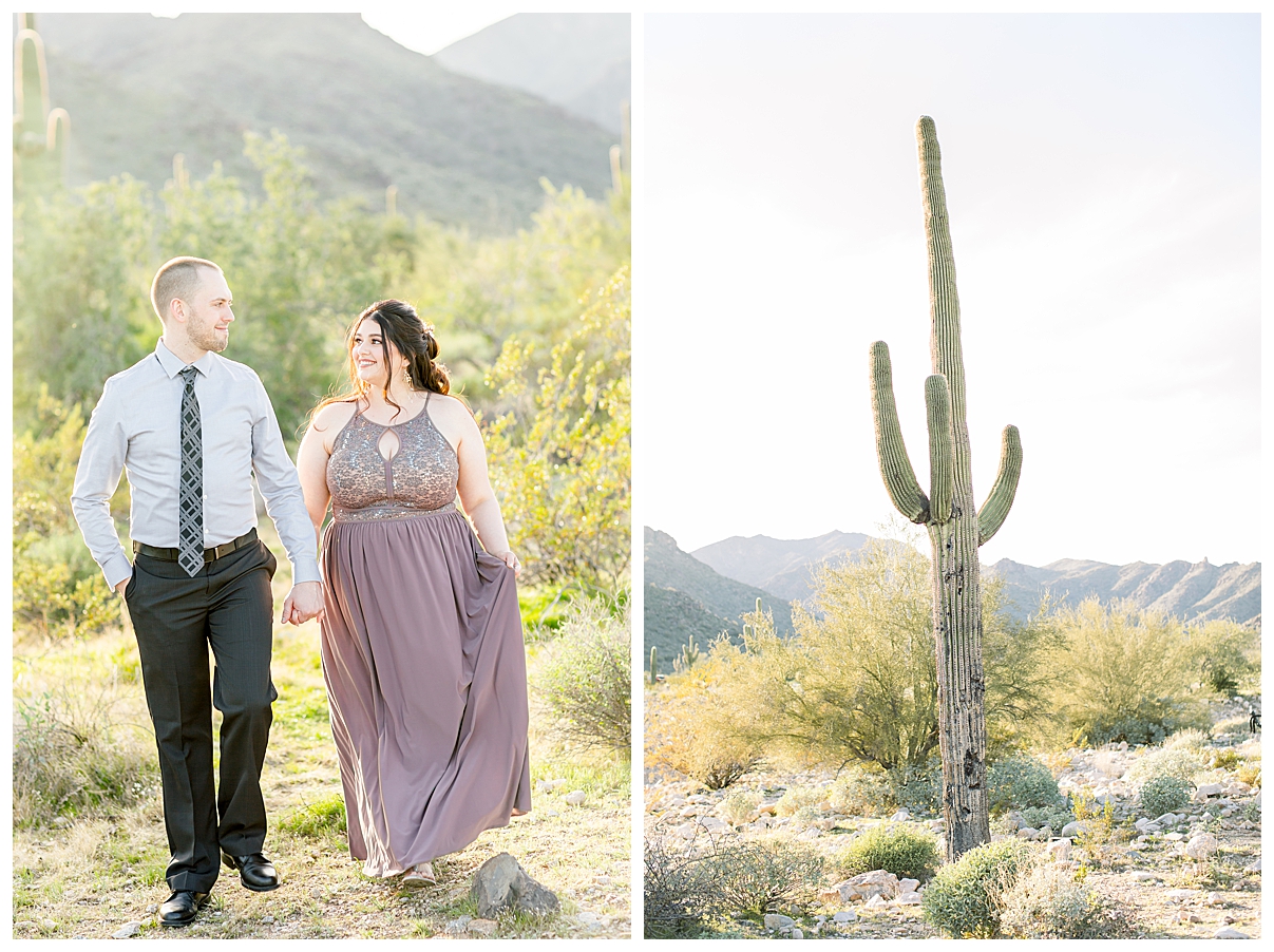 Couple walking in desert, saguaro cactus