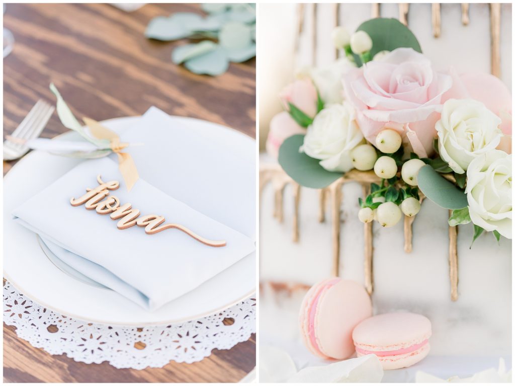 Reception Decor, Plates, Greenery, Candles, Wedding Cake, Macaroon