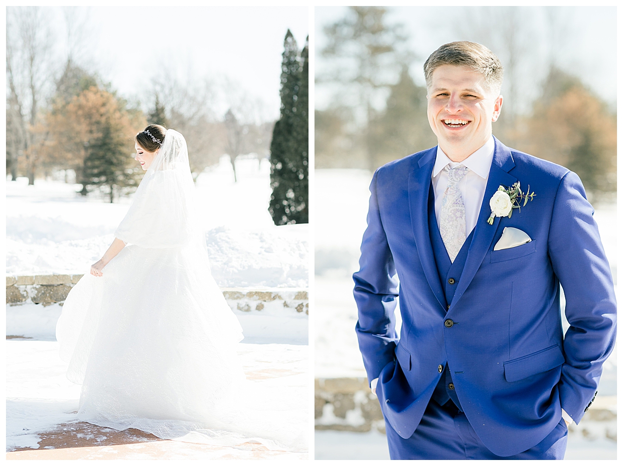 Bride and Groom Outdoor Portraits, Wedding Day Portraits, Snow Wedding, Winter Wedding