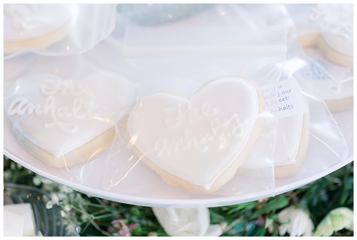 Evergreen Country Club Wedding Reception, Lovelight Flowers Wedding Bouquet, Head Table, Heart Cookies