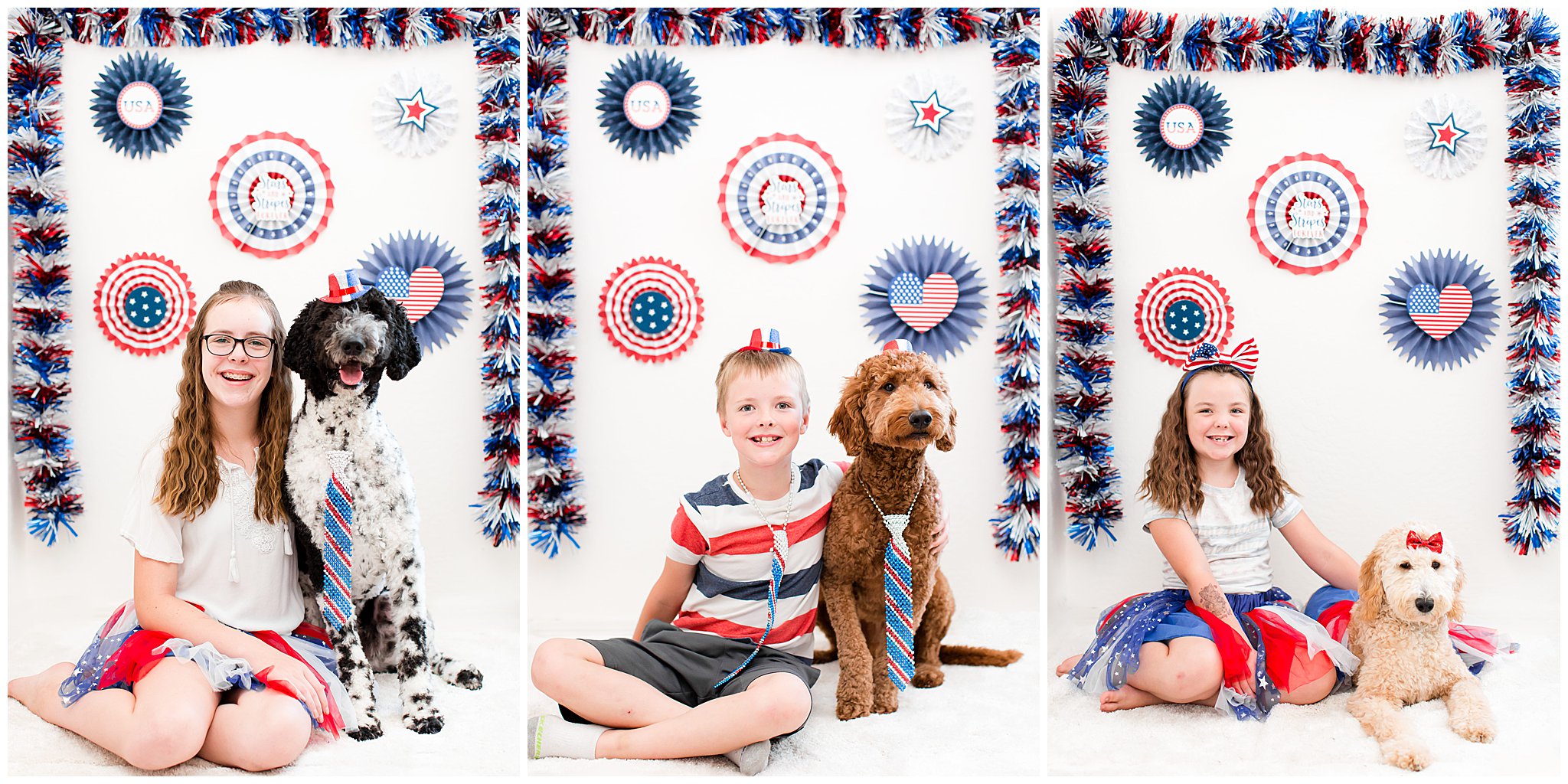 Phoenix wedding photographer, red, white and blue, USA,fourth of July goldendoodle pictures, kids with dogs, kids. with goldendoodles, red goldendoodle, black goldendoodle, black and white goldendoodle, white goldendoodle, gold goldendoodle, poodle mix