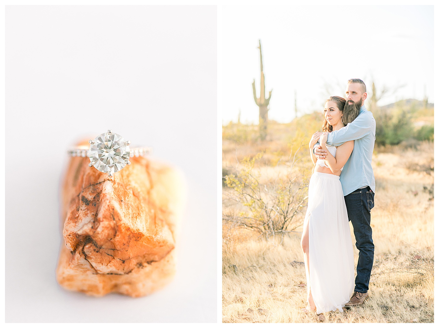 Desert Engagement Session, Phoenix Wedding Photographer, Engagement Session Outfits, White Dress, Jeans, Button Up Shirt Cactus, Saguaro Cactus, engagement ring