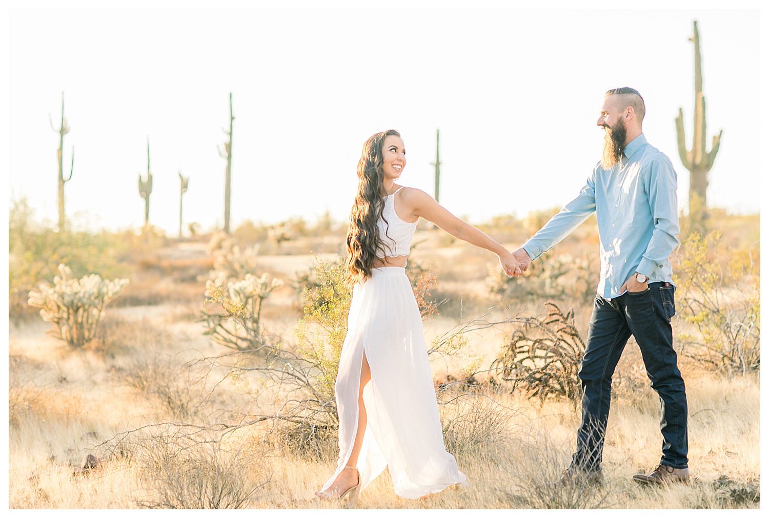 Desert Engagement Session, Phoenix Wedding Photographer, Engagement Session Outfits, White Dress, Jeans, Button Up Shirt Cactus, Saguaro Cactus