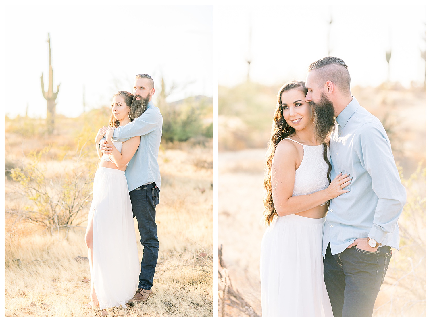 Desert Engagement Session, Phoenix Wedding Photographer, Engagement Session Outfits, White Dress, Jeans, Button Up Shirt Cactus, Saguaro Cactus