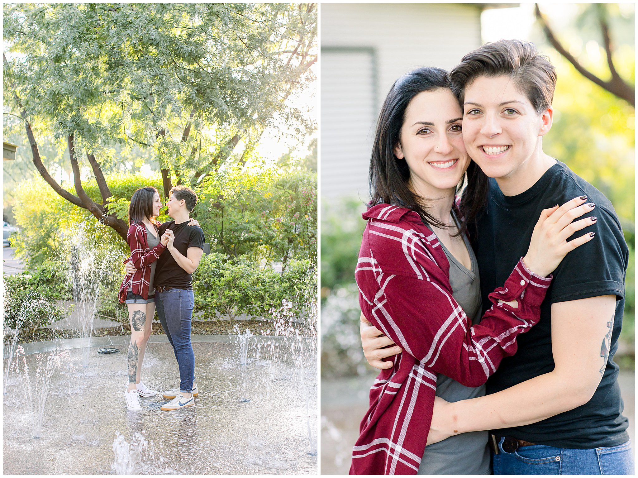 Water Tower, Engagement Session, Downtown Phoenix, Lucys at the Orchard, couple kissing, same sex, LGBT, Couple reading books, wedding rings, Hershey Kisses, Coffee
