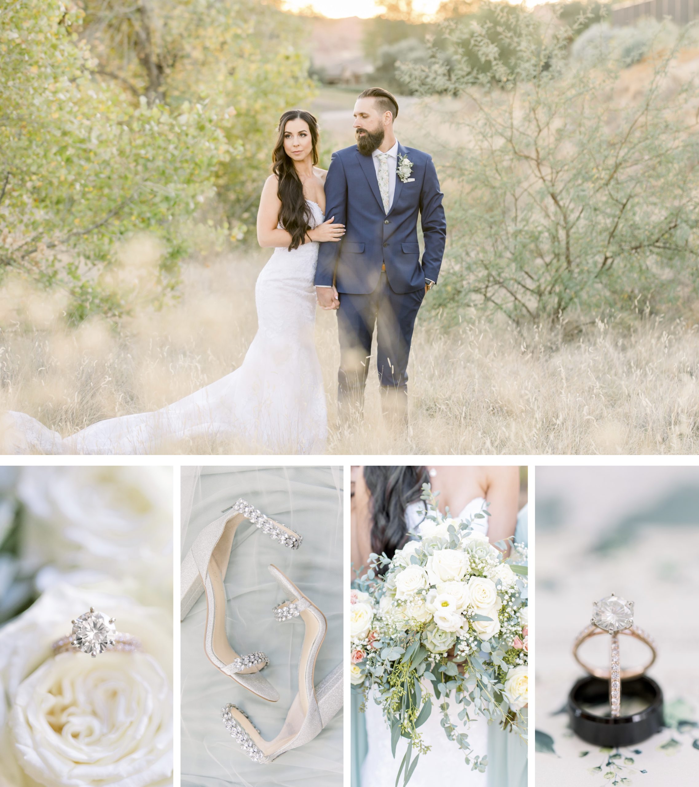 Sunset Photos, Husband and Wife pictures, Blue Suit, Desert Wedding Pictures, Wedding Day Timeline, Wedding Shoes, Baby Blue Bridesmaid Dress, Wedding Rings