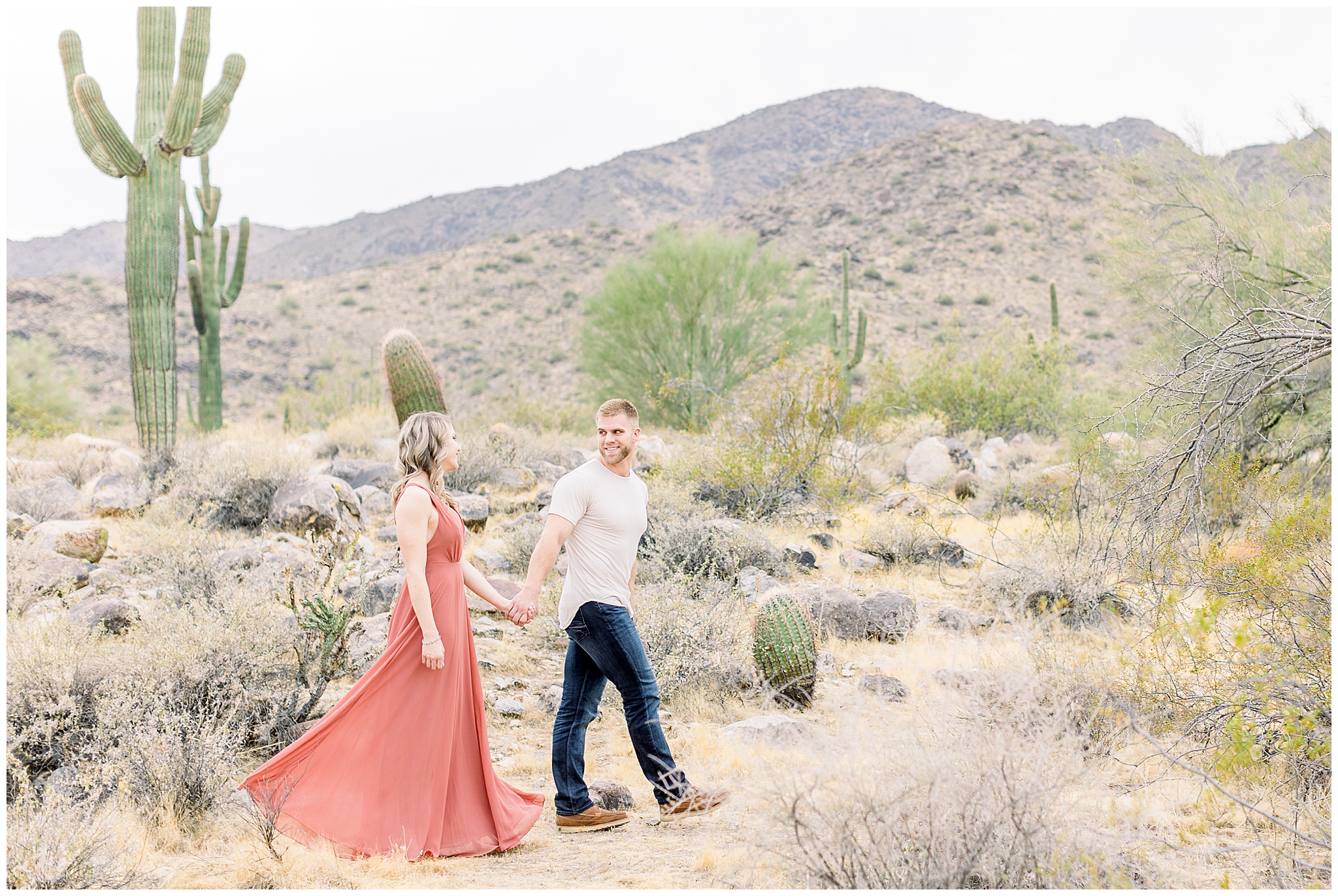 Desert Engagement Session, Couple walking, Dusty Rose Dress, Lulu's Dress