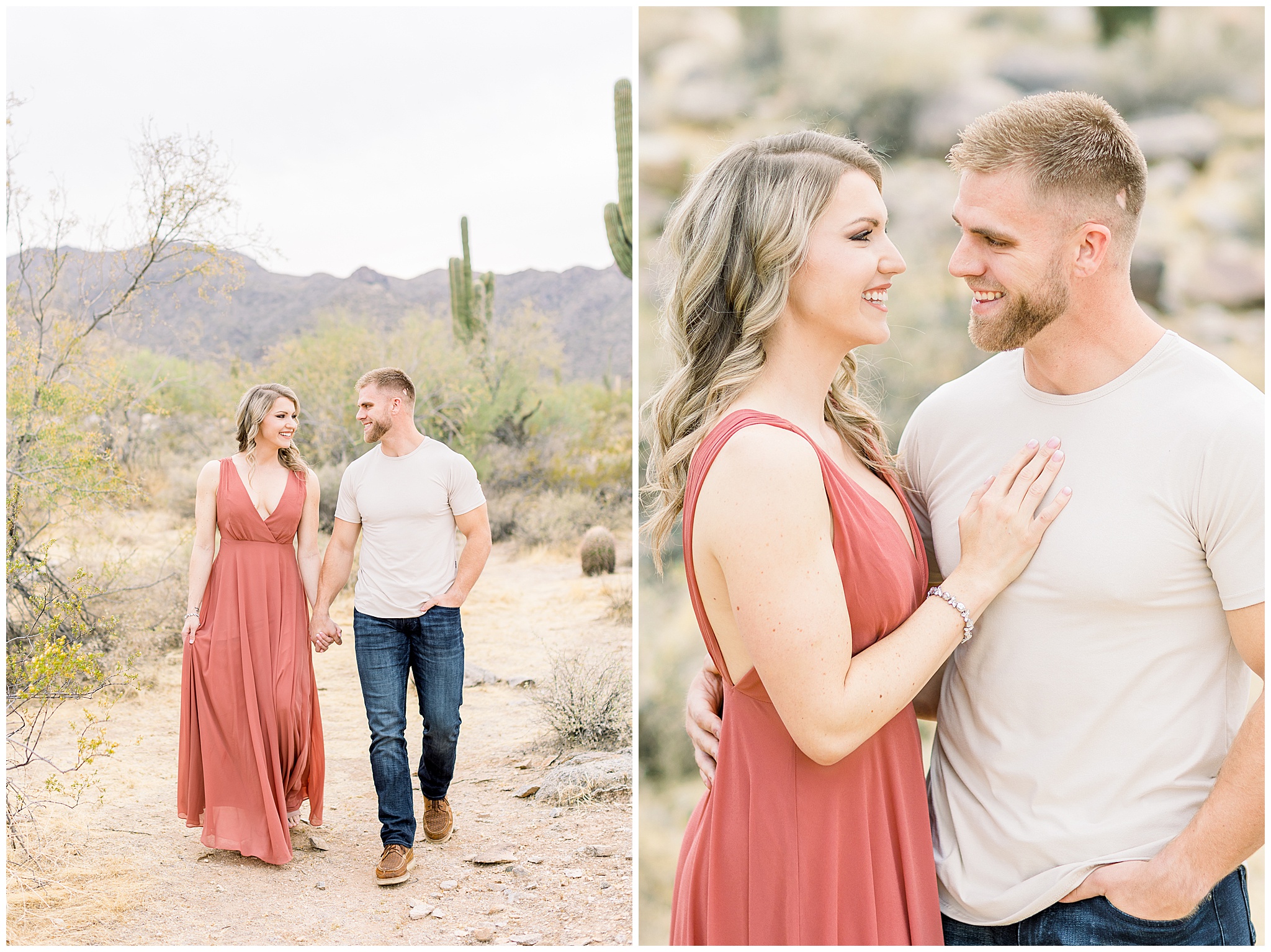 Desert Engagement Session, Couple walking, Dusty Rose Dress, Lulu's Dress