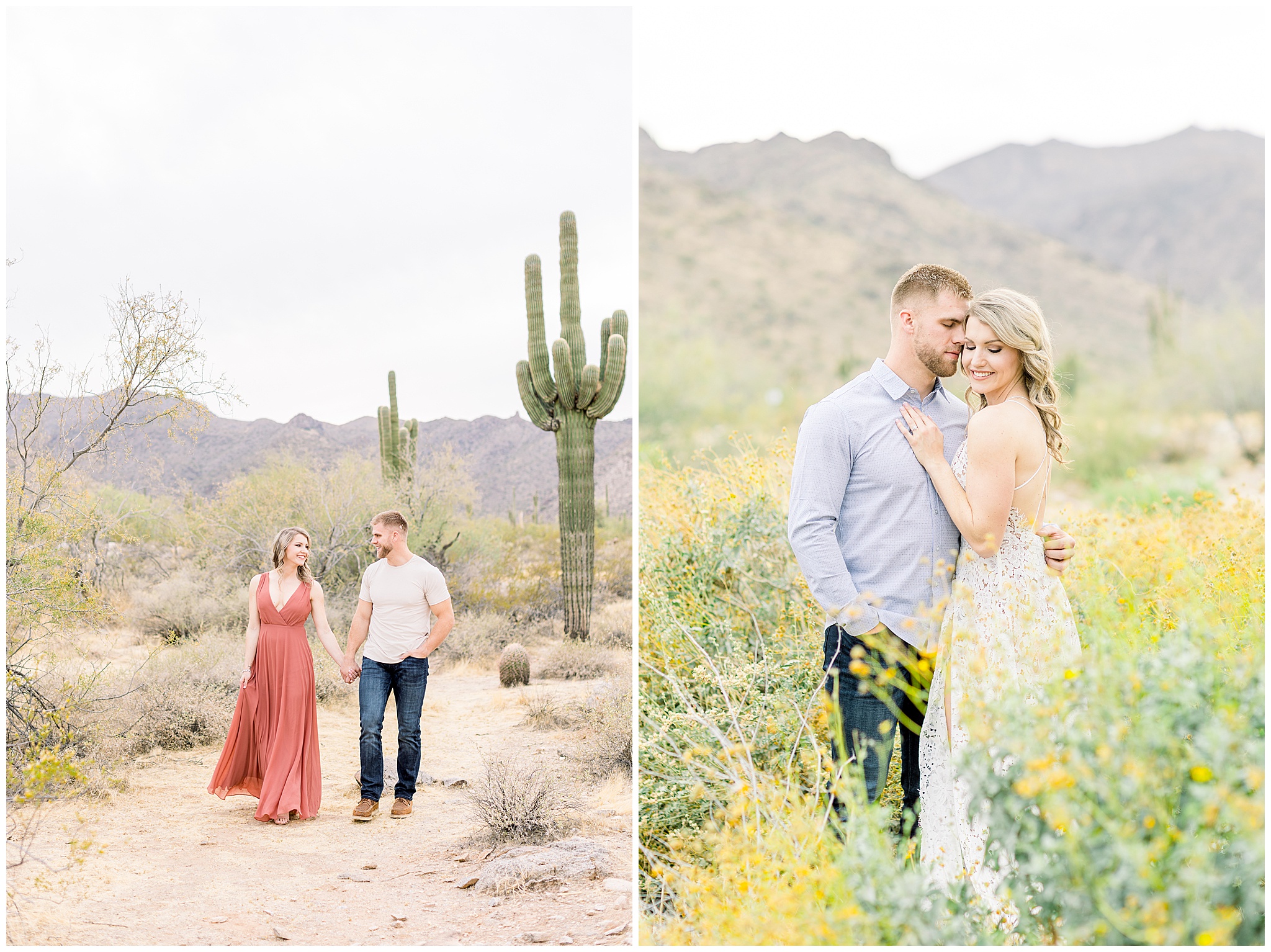 Desert Engagement Photos, White lulus Dress, Flowers, Engagement Pictures