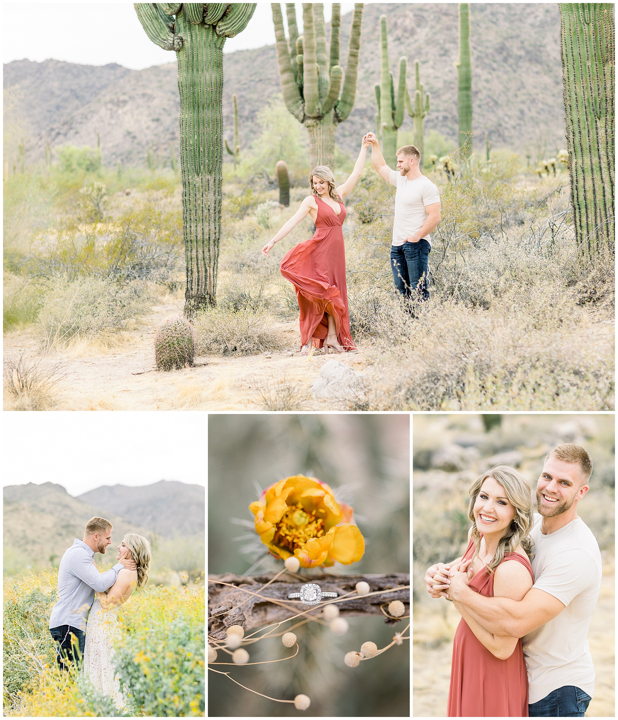 Desert Engagement Session, Lulus Dress, flower, ring, couple smiling at camera, couple dancing with cactus behind them
