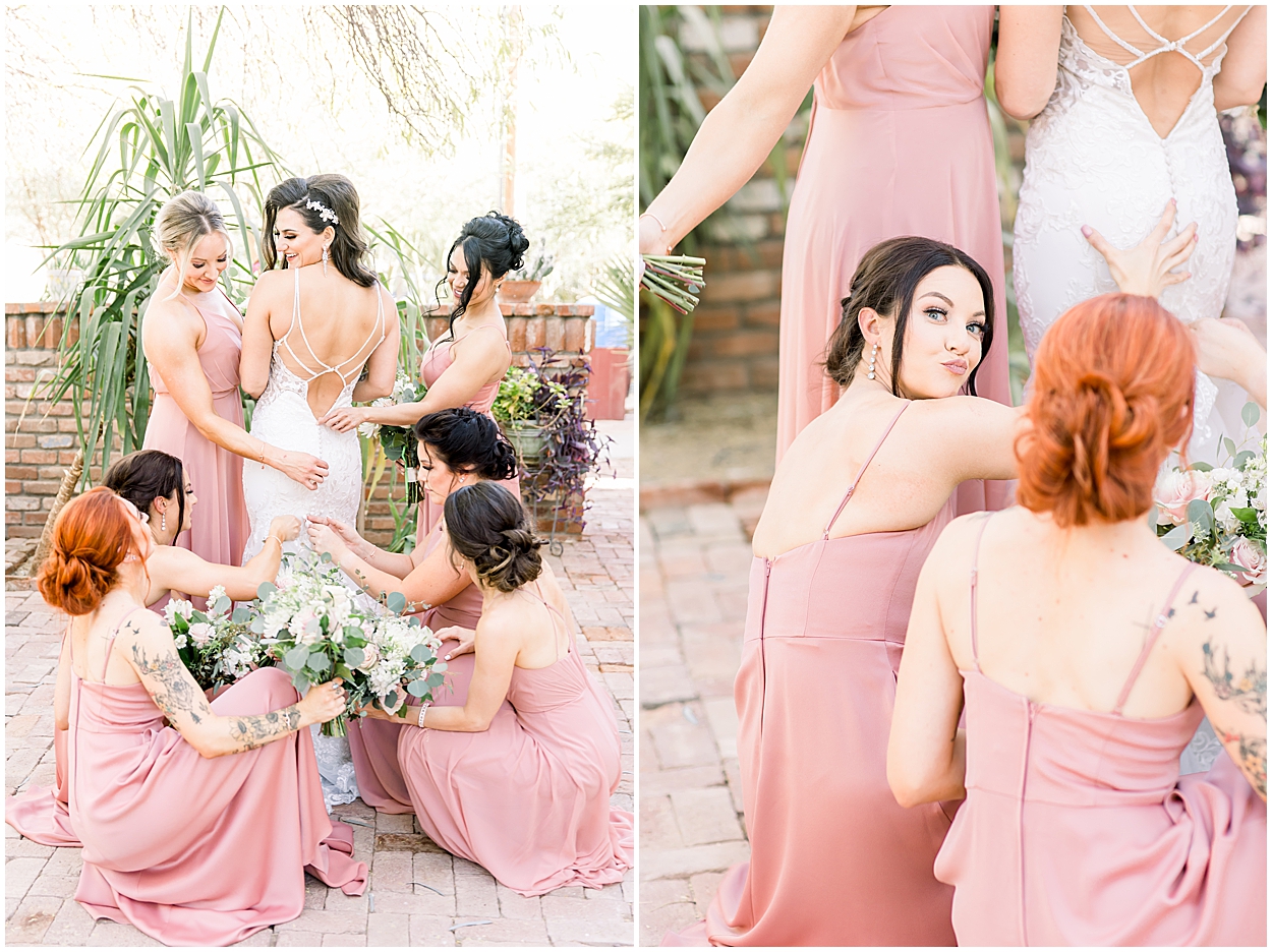 Blush bridesmaid dresses, bridesmaid helping bride get dressed, wedding dress, essence of Australia