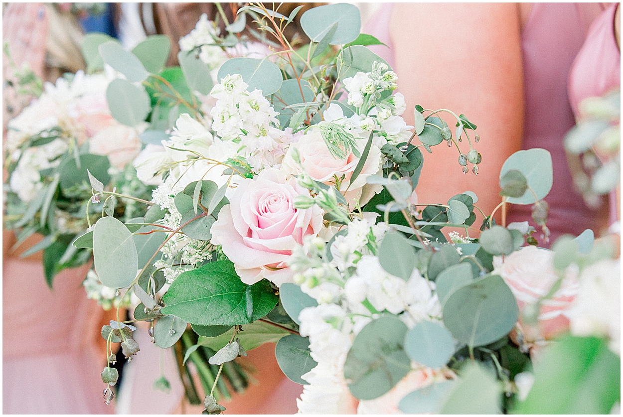 Bridesmaid bouquets, pink roses, eucalyptus leaves, blush and green