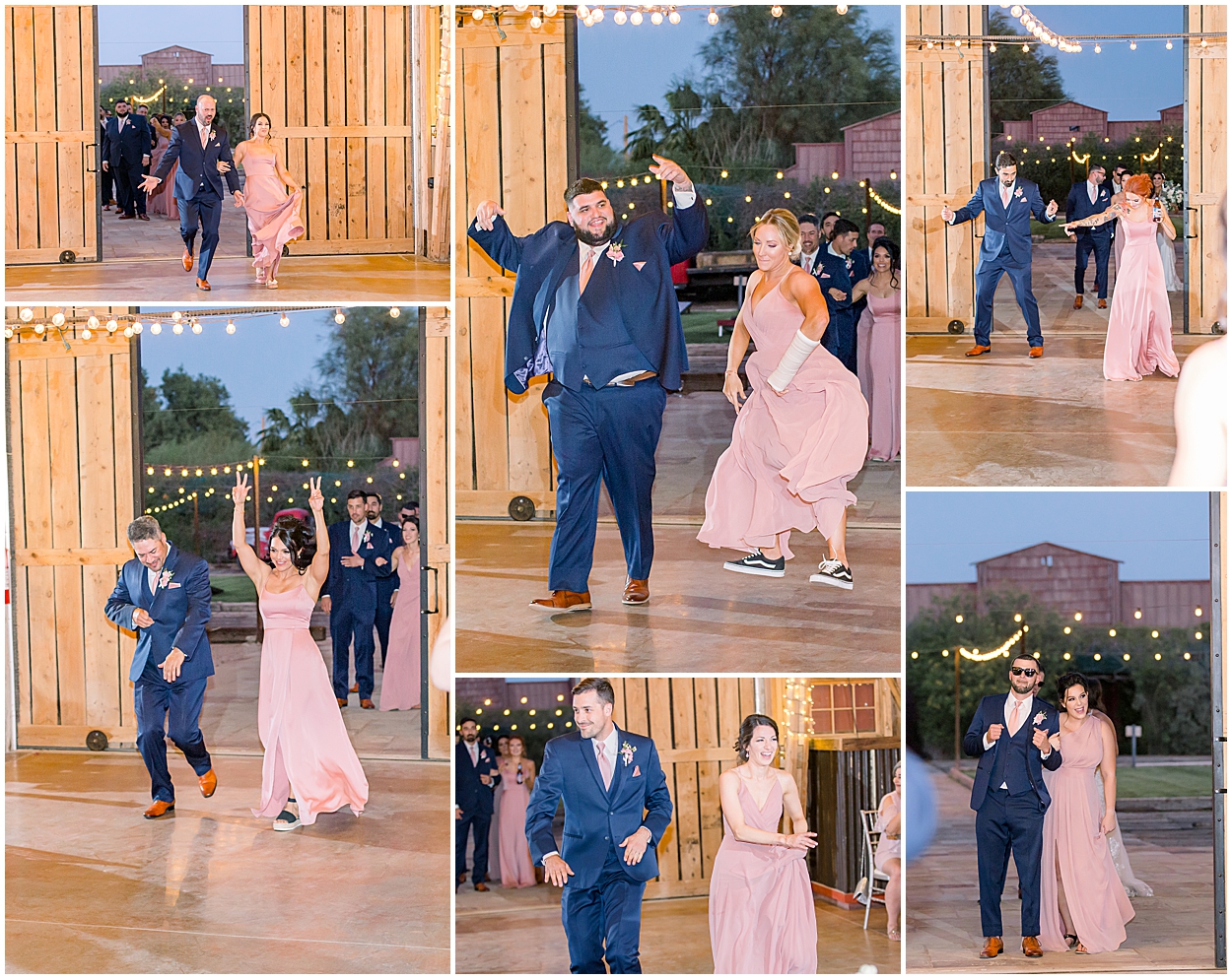 Wedding Party Grand Entrance into Reception, Blush Bridesmaid Dresses, Navy Groomsmen Suits