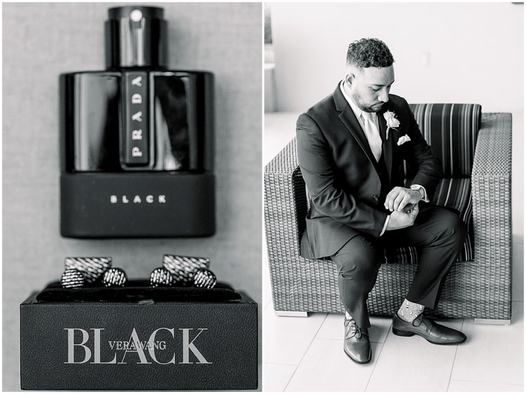 Groom putting on watch, cufflinks and cologne