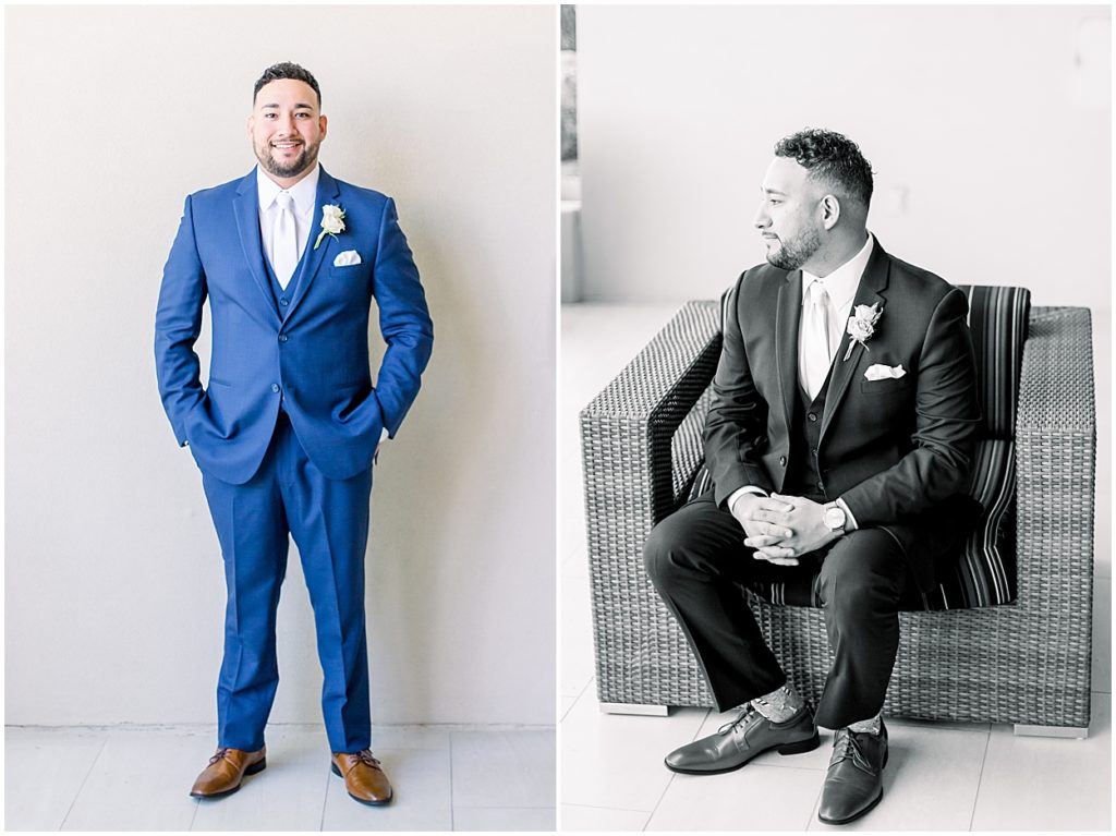 Blue Suits, Leather Shoes, Groom Sitting, Groom Standing