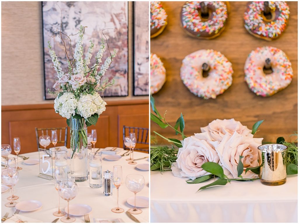 Donut Wall, Reception Table, Blush Glassware