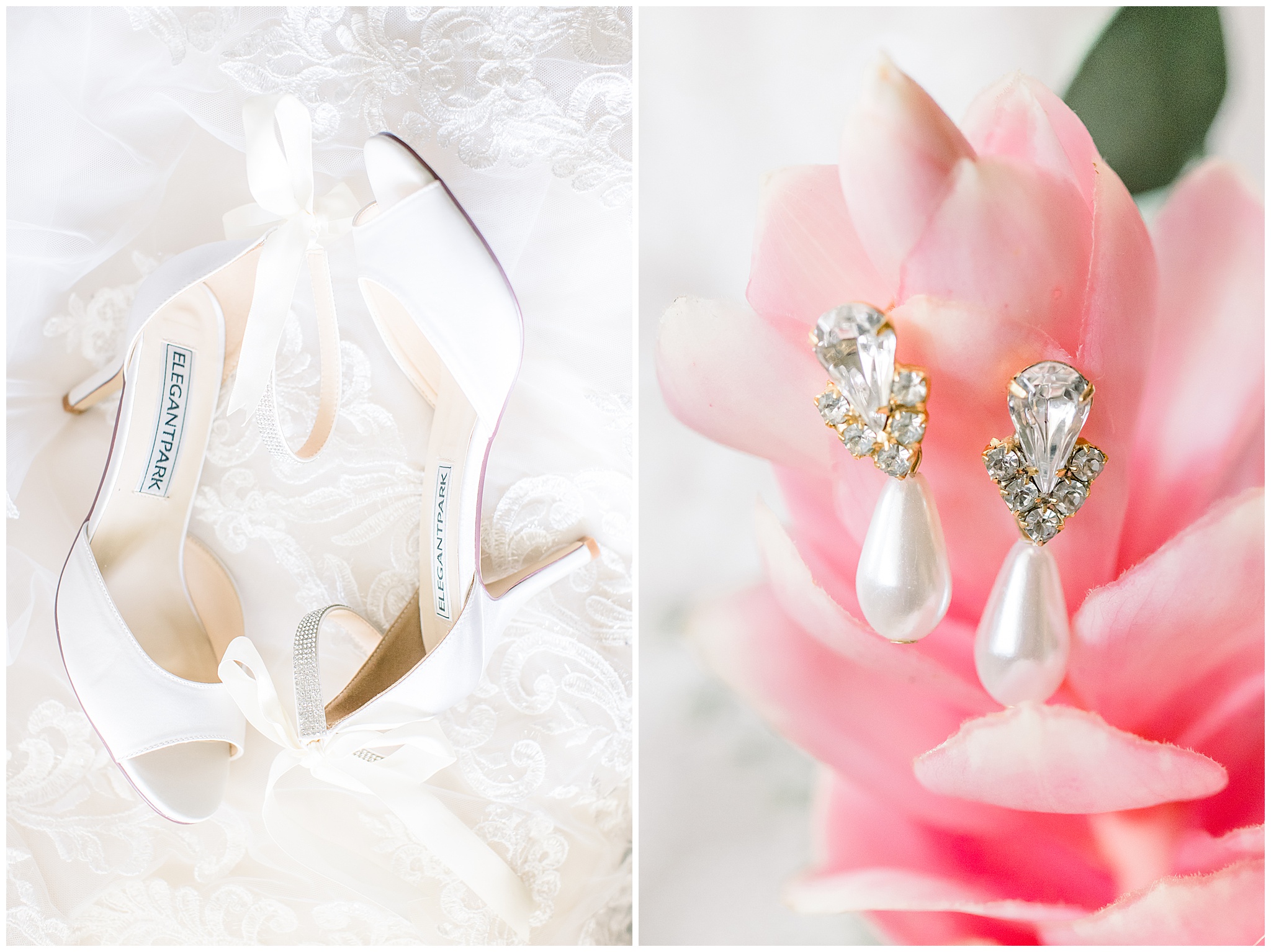 Bridal Shoes, White lace, Tropical Pink Flower, Pear Earrings
