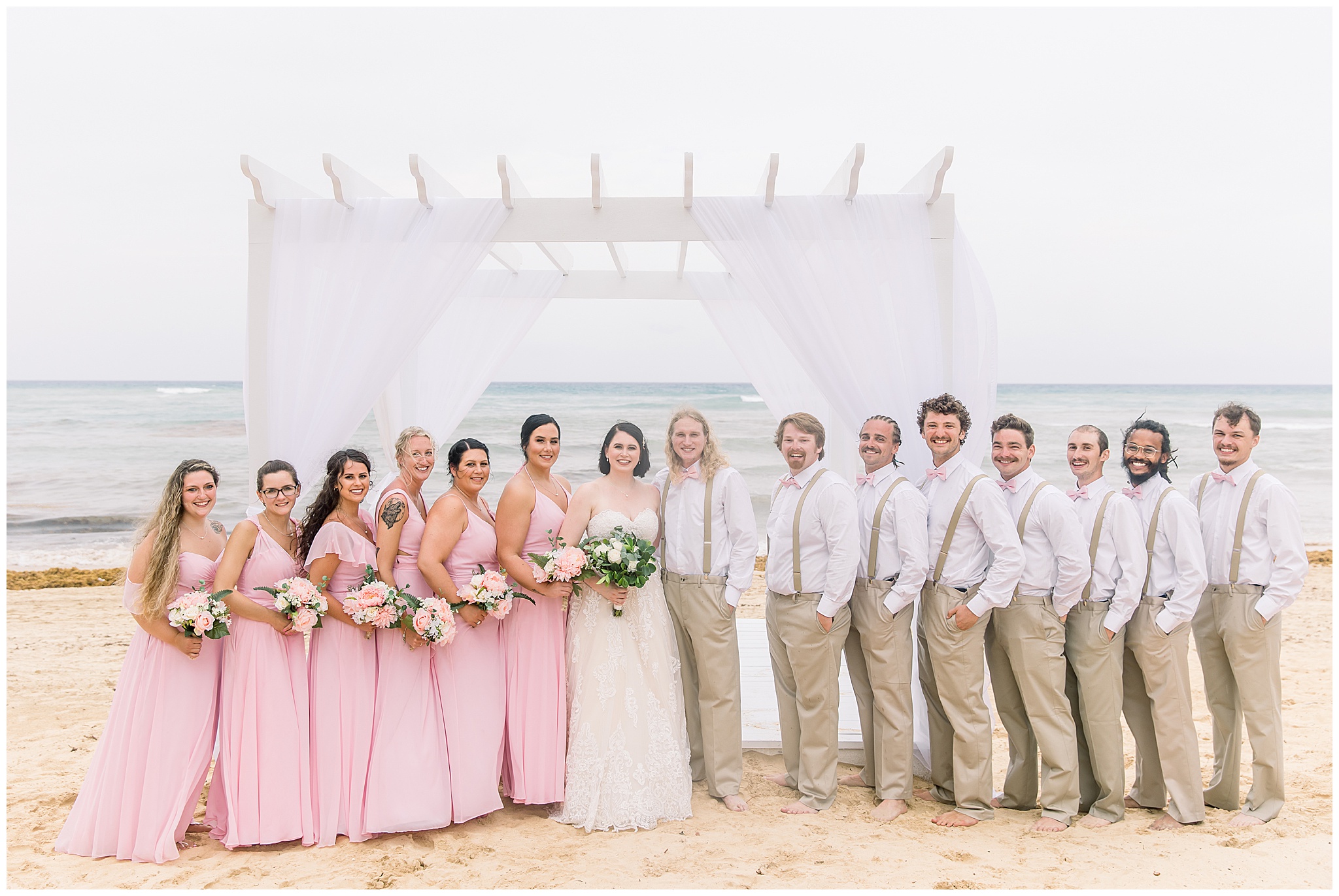 Dreams Punta Cana Beach Wedding, Wedding Party, Pink Bridesmaid Dresses, tan pants white shirts, bridal party
