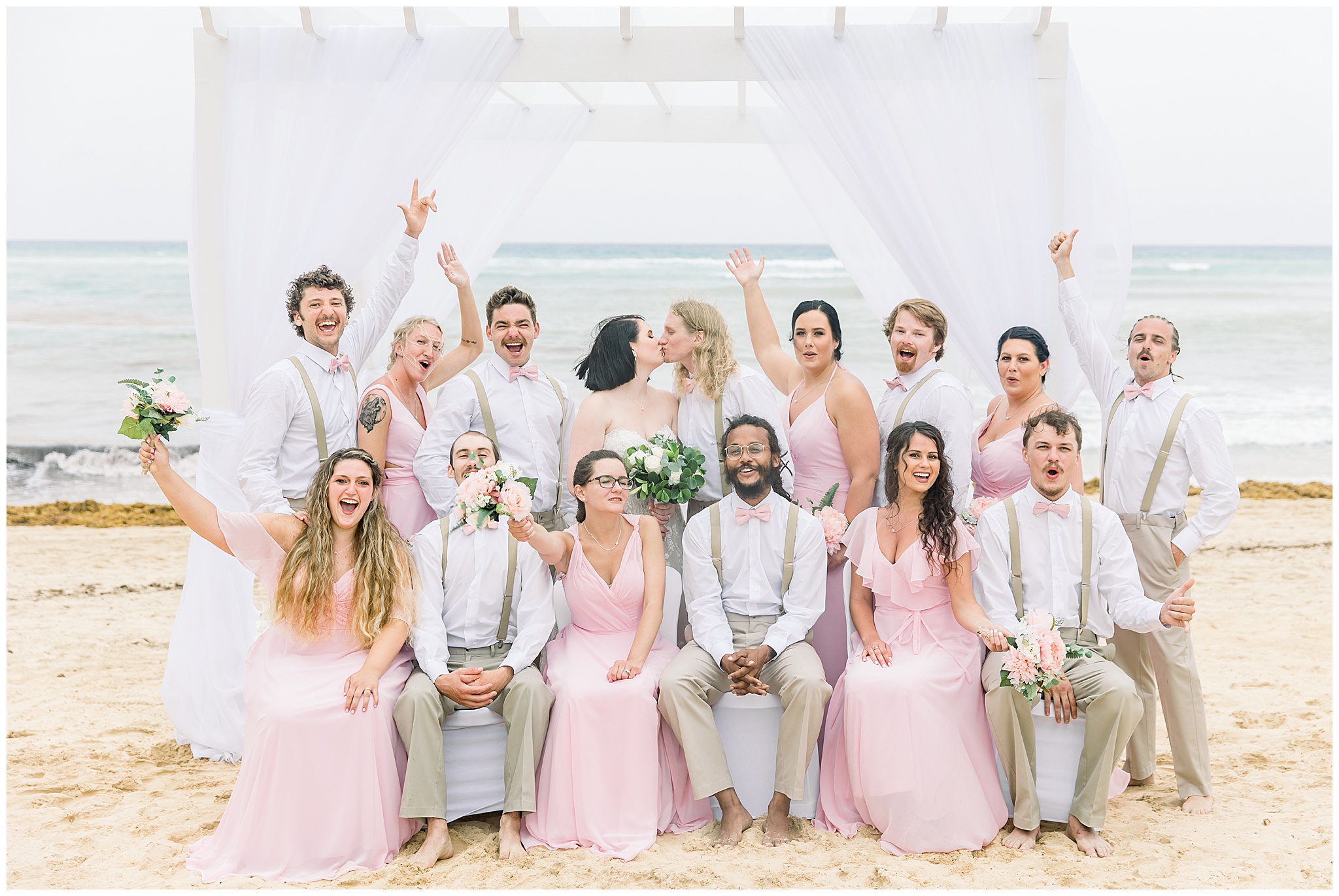 Dreams Punta Cana Beach Wedding, Wedding Party, Pink Bridesmaid Dresses, tan pants white shirts, bridal party