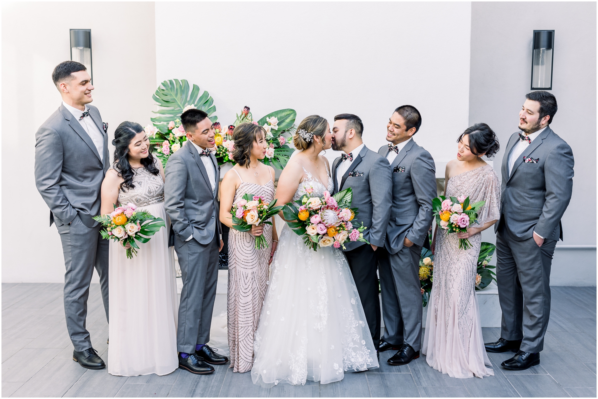 SoHo63 Tropical Wedding, Groom and Groomsmen, Grey Suits, Blush and Gold Bridesmaid Dresses