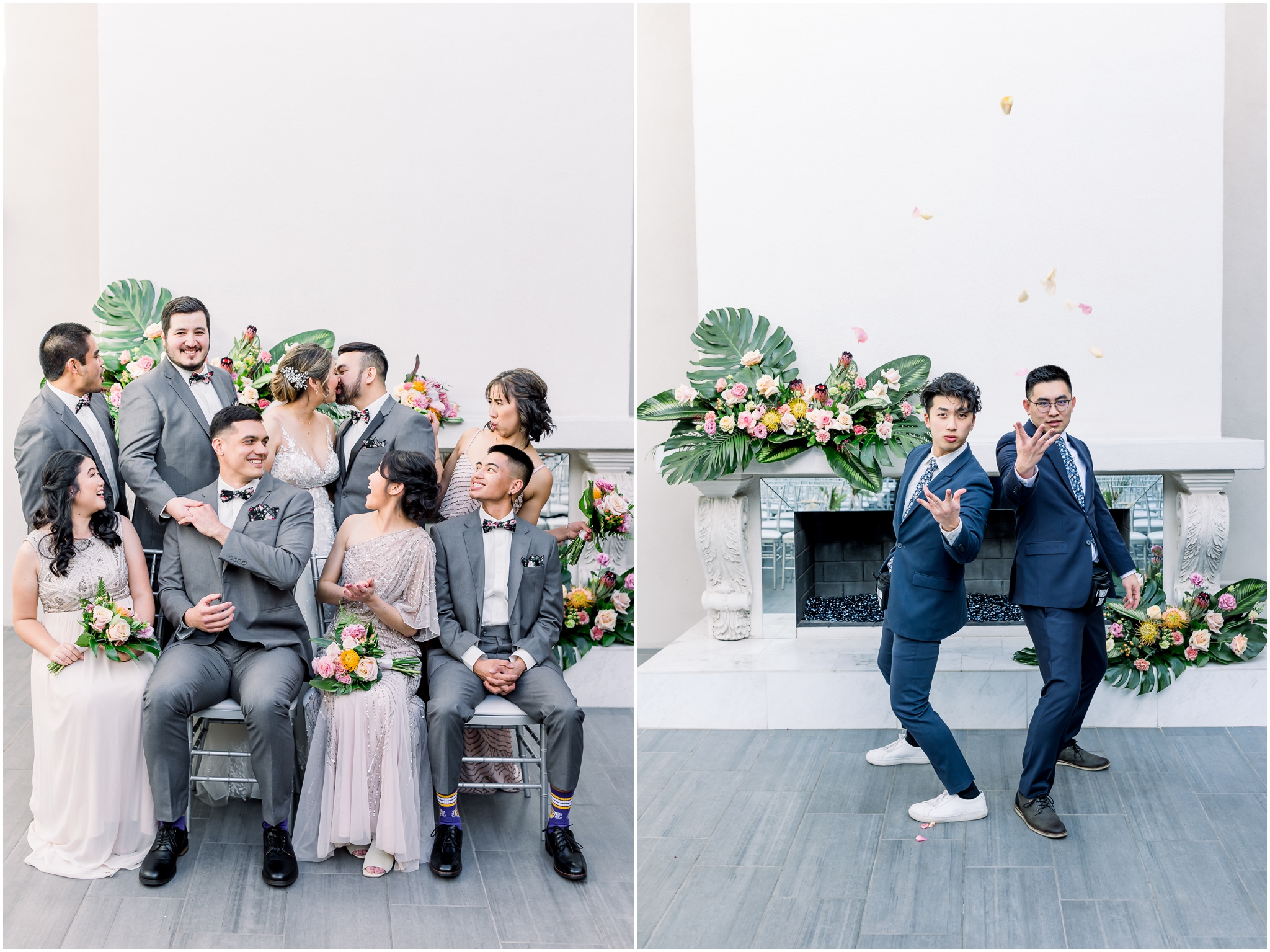 SoHo63 Tropical Wedding, Groom and Groomsmen, Grey Suits, Blush and Gold Bridesmaid Dresses