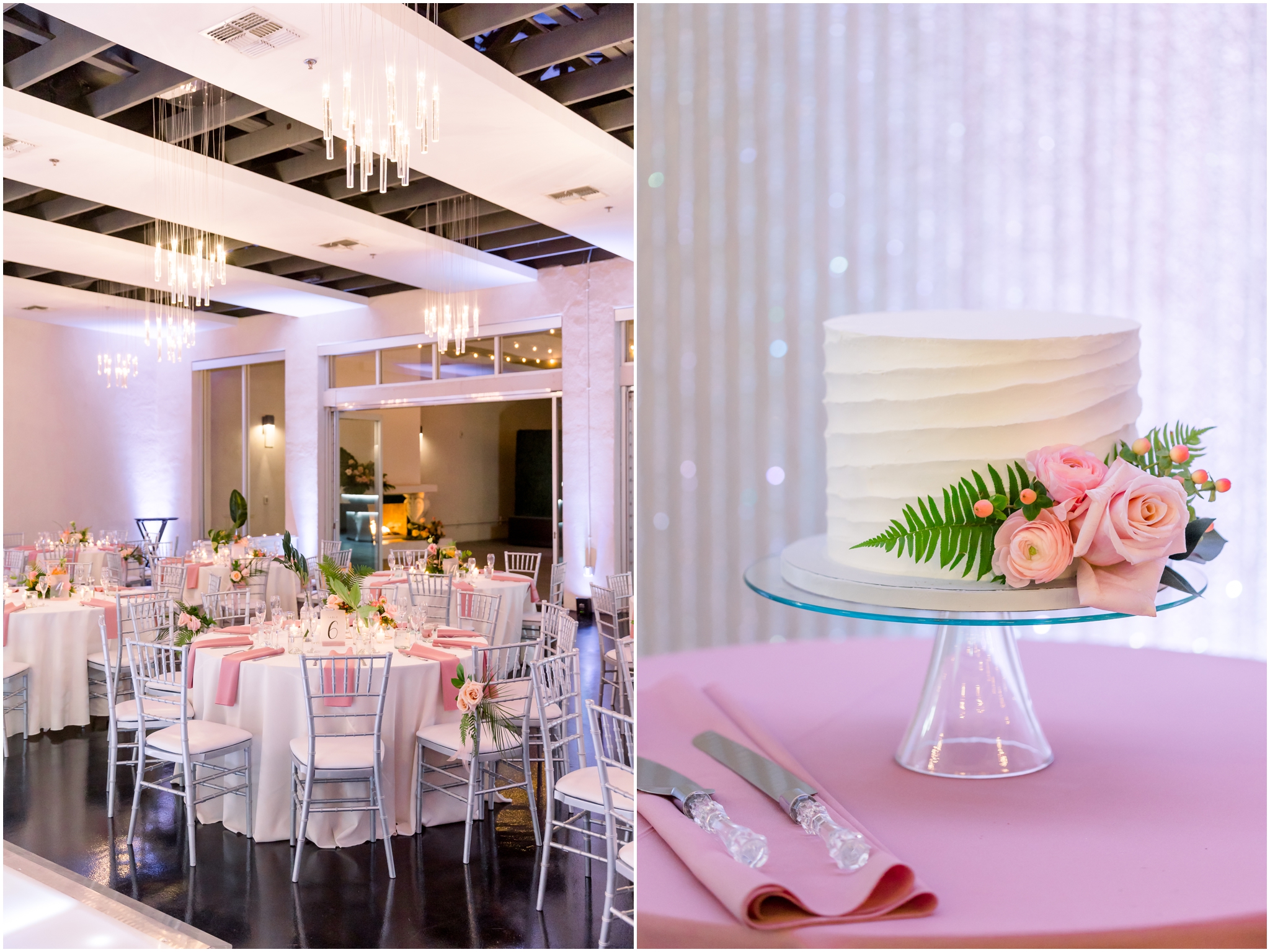 white wedding cake, pink flowers, pink table cloth, Tropical head table