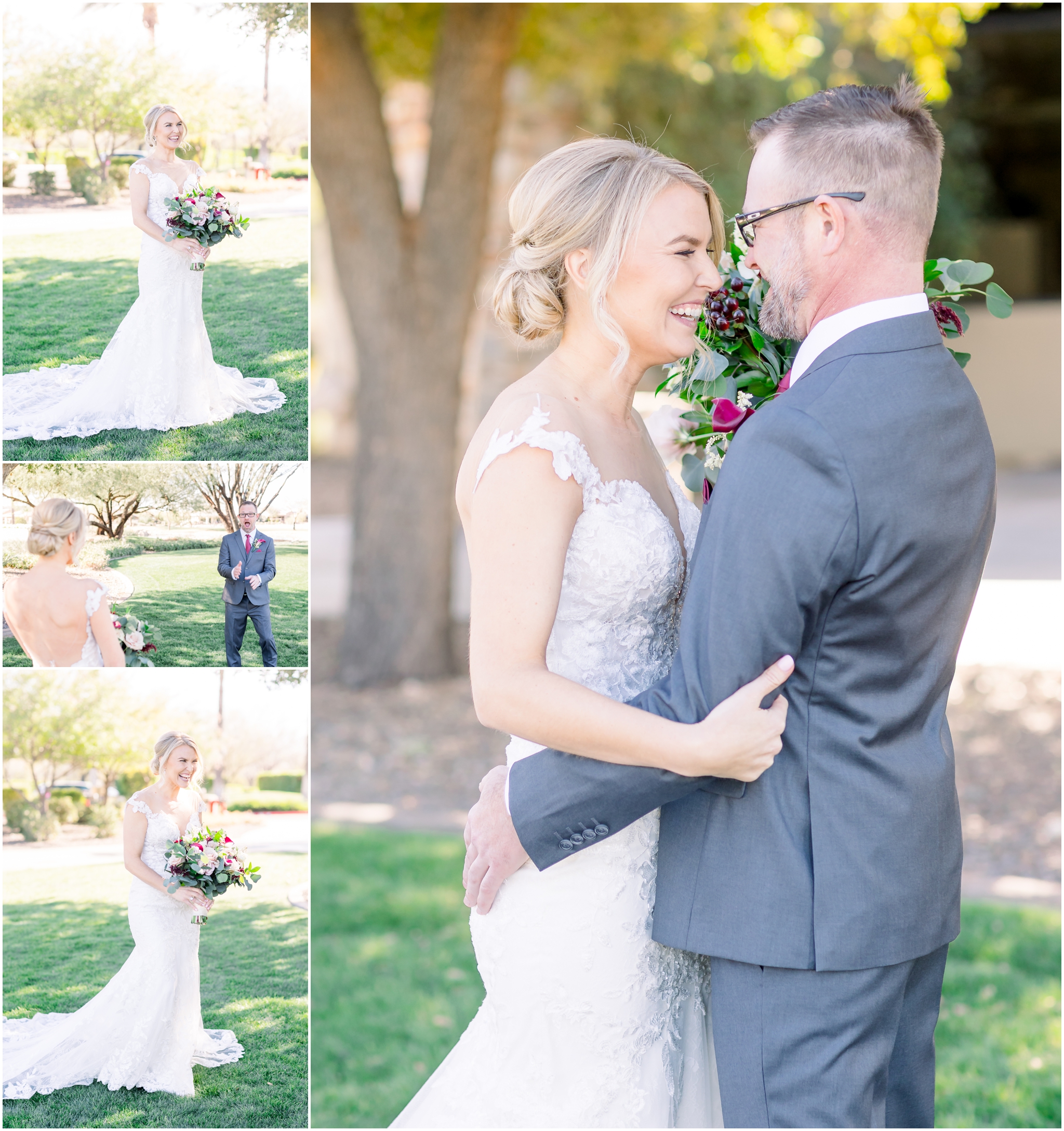Kiva Club Wedding | Burgundy and Gold Wedding | Wedding Party | Sunset Portraits | Outdoor Ceremony | Outdoor Reception | Burgundy Bridesmaids Dresses | Grey Suits