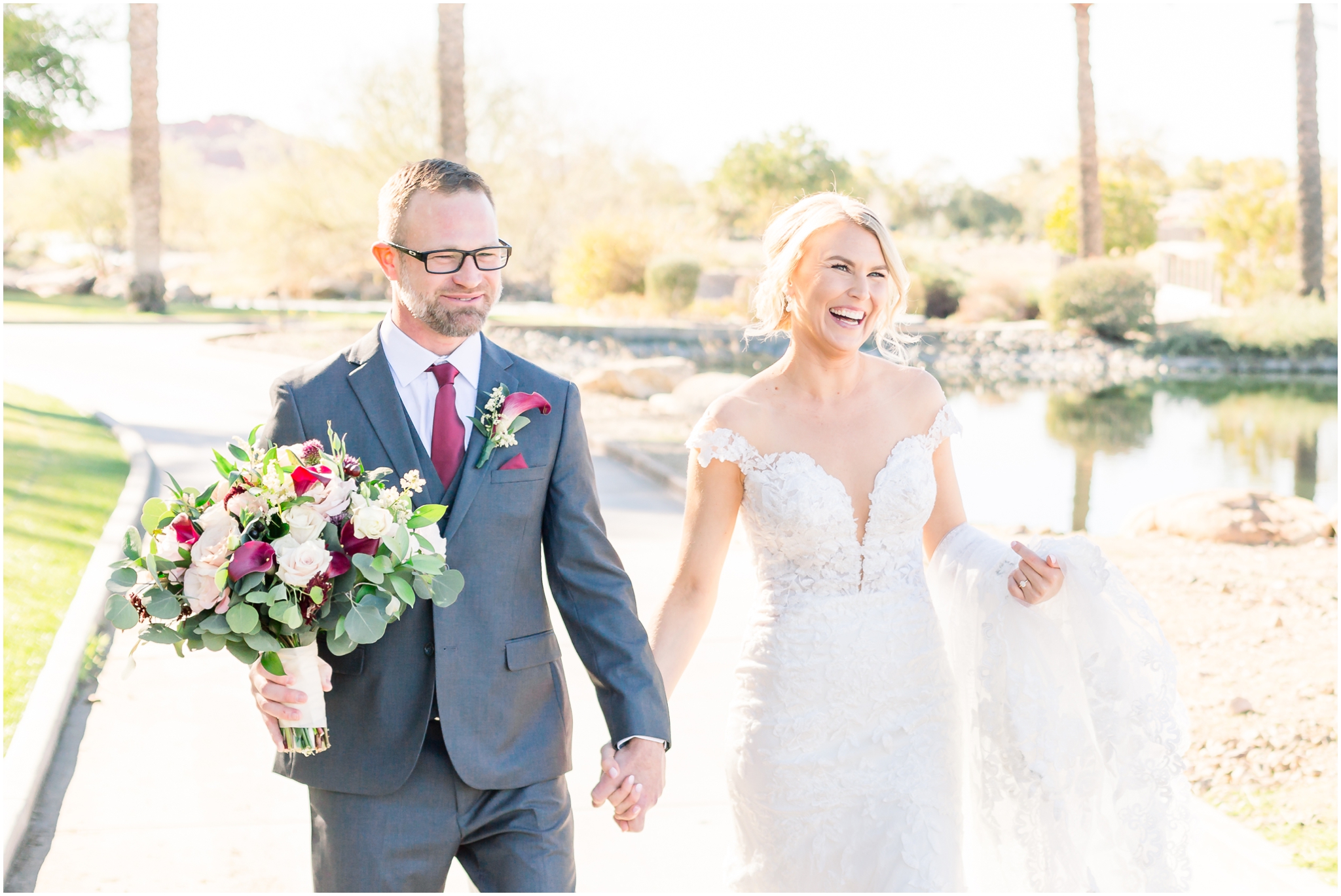 Kiva Club Wedding | Burgundy and Gold Wedding | Wedding Party | Sunset Portraits | Outdoor Ceremony | Outdoor Reception | Burgundy Bridesmaids Dresses | Grey Suits