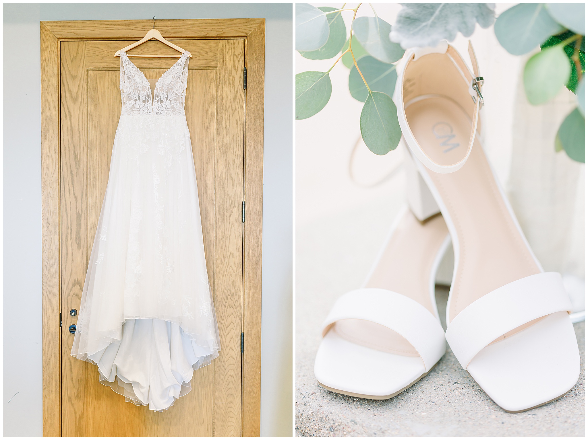 Wedding gown hung on door, bridal shoes