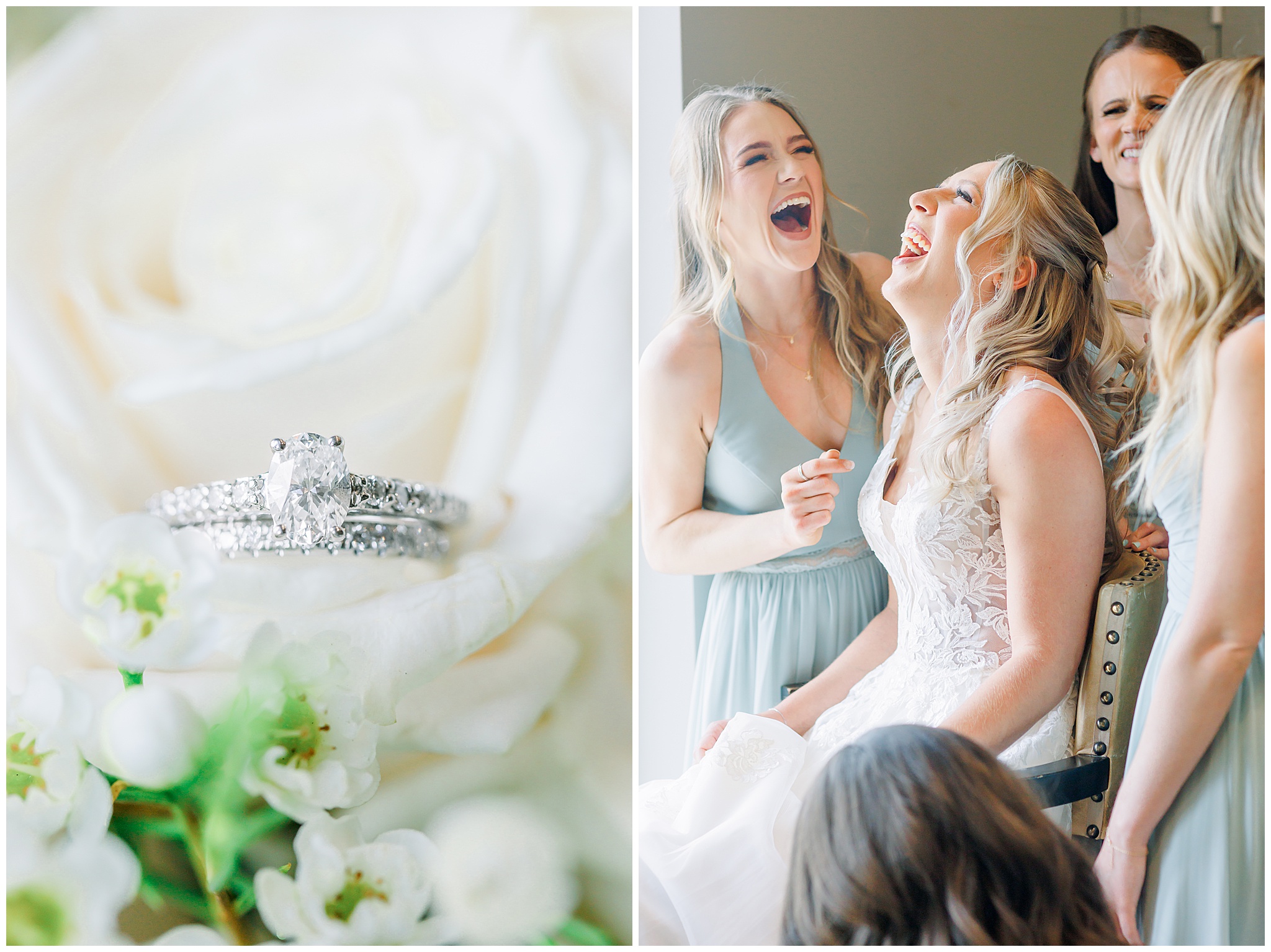 Bride and Bridesmaid Laughing, Wedding Rings on Rose