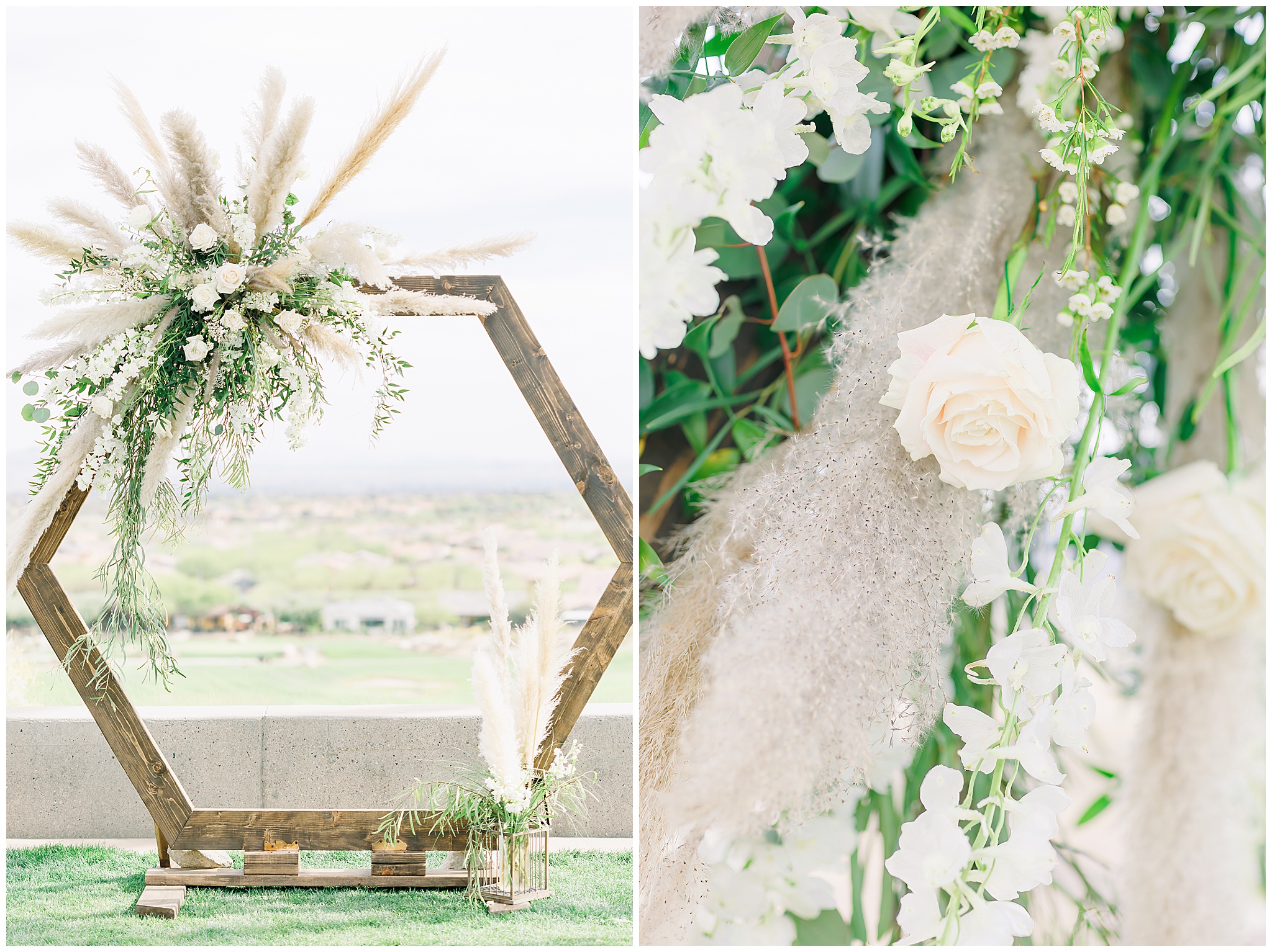 Bride Smiling, Hexagon Wooden Alter with Pompous Grass and White Roses on it